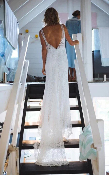 Weitese Dress V-neck V Back Lace Vintage Backless Sheer Casual Wedding Dress