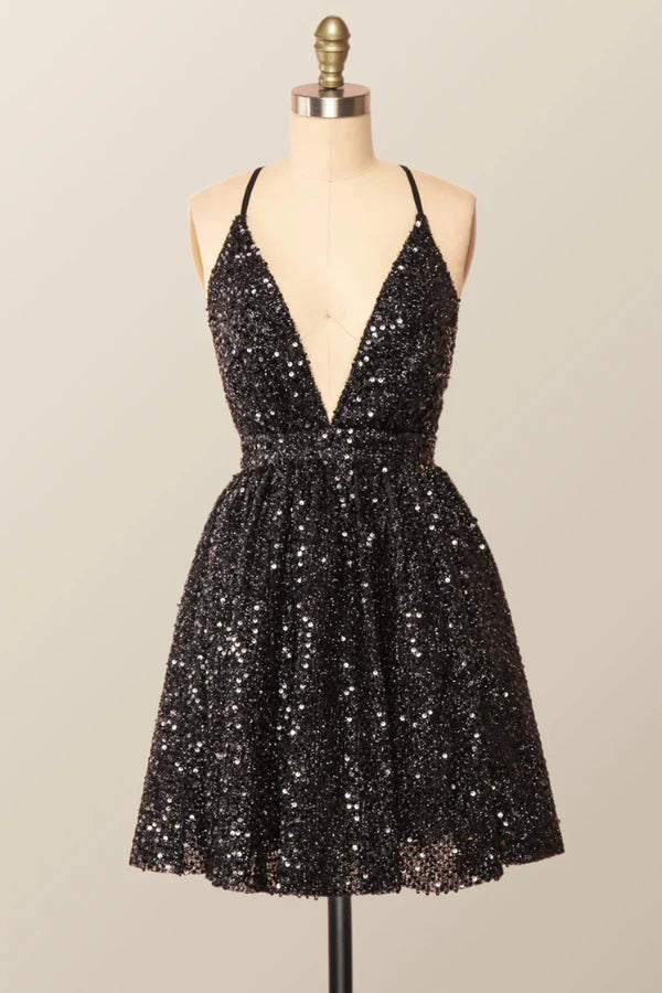 Weitese Dress V Neck Black Sequin A-line Short Party Dress Crisscross Back Homecoming Dress