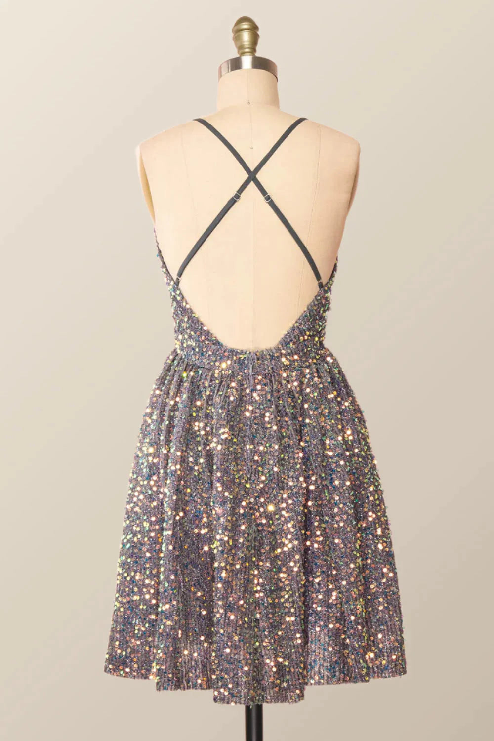 Weitese Dress V Neck Black Sequin A-line Short Party Dress Crisscross Back Homecoming Dress