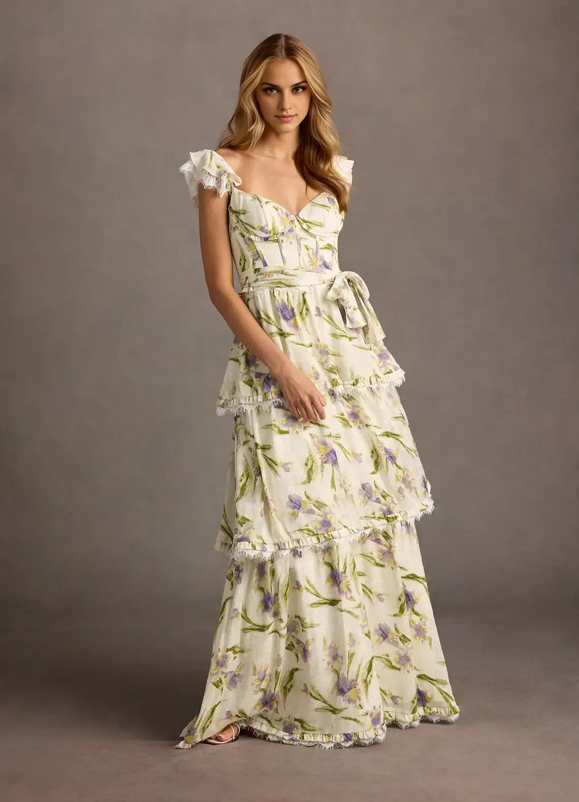 Vestido Weitese con escote en V, mangas cortas, romántico, estampado de flores, vestido de noche largo hasta el suelo, con cordones, vestido de fiesta 