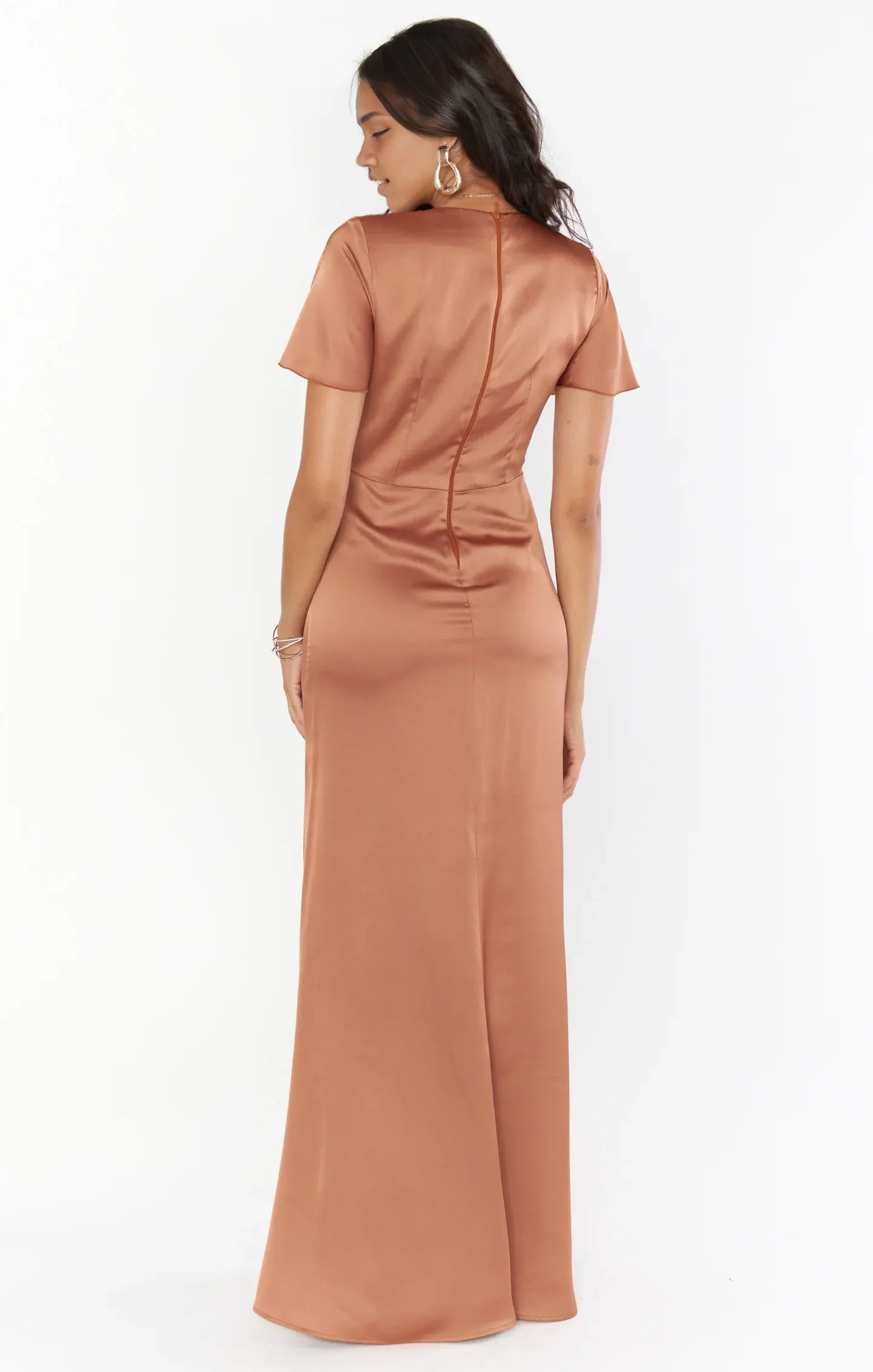 Weitese Dress V Neck Sage Short Sleeve Maxi Dress Column Satin Solid Color Full Coverage Simple Prom Dress