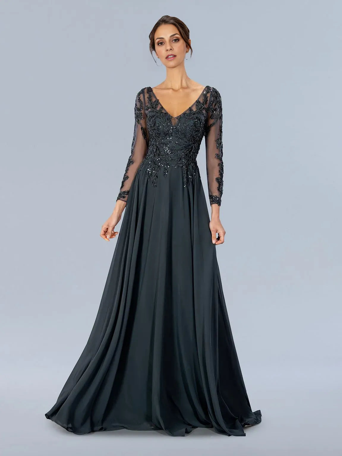 Weitese Dress V Neck Formal Lace Up Prom Dress Long Sleeves Floor Length A-line Mother of the Bride Dress