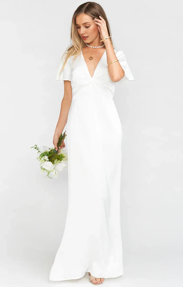 Weitese Dress V Neck Sage Short Sleeve Maxi Dress Column Satin Solid Color Full Coverage Simple Prom Dress