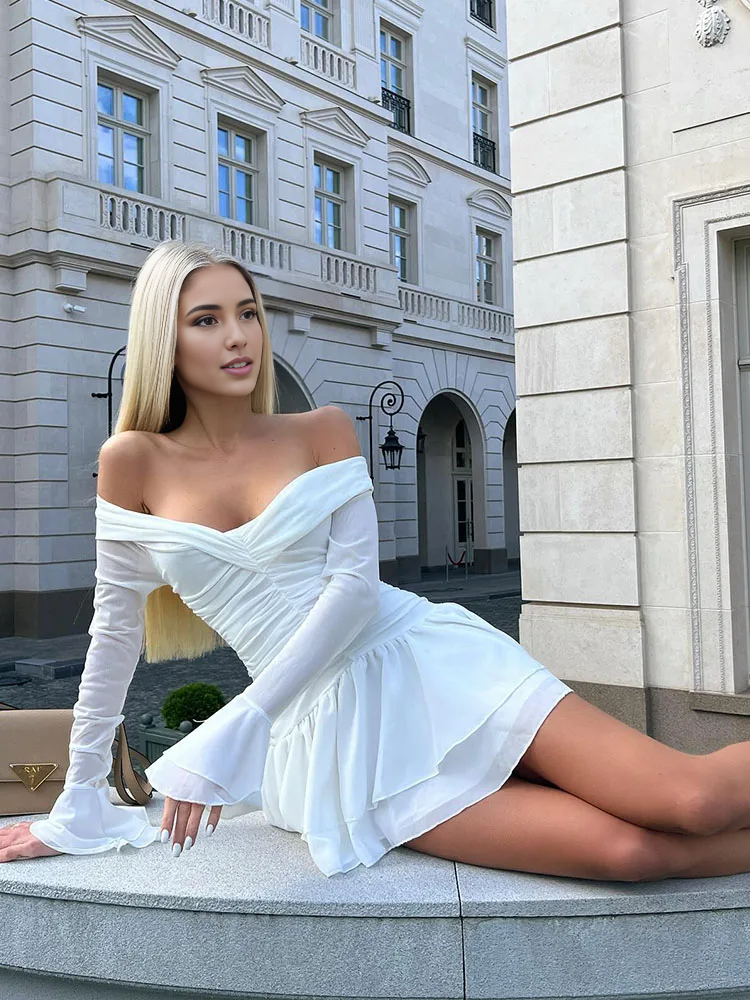 Weitese Dress V Neck Long Flare Sleeves White Mini Dress Party Dress Long Sleeves Prom Dress