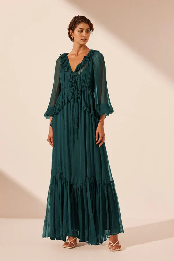 Vestido Weitese con escote en V, mangas largas, largo hasta los tobillos, con volantes, vestido largo color verde azulado oscuro, vestido de fiesta, vestido de noche 