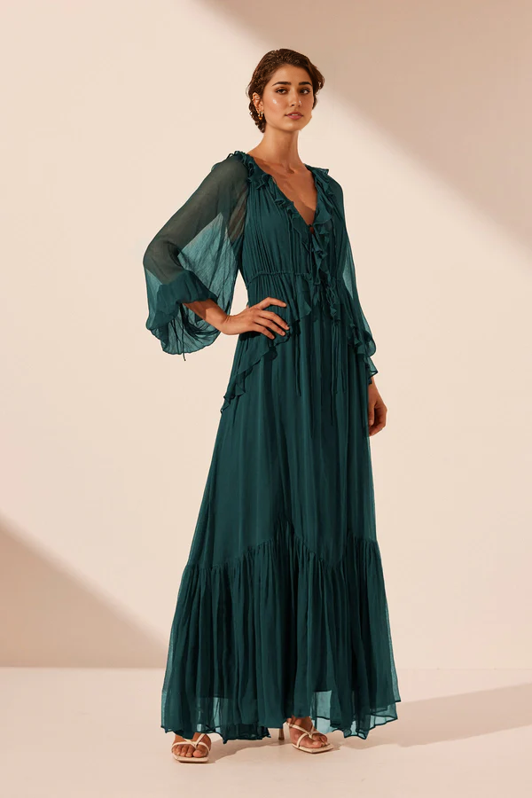 Weitese Dress V Neck Long Sleeves Ankle Length Ruffle Maxi Dress Dark Teal Party Dress Evening Dress