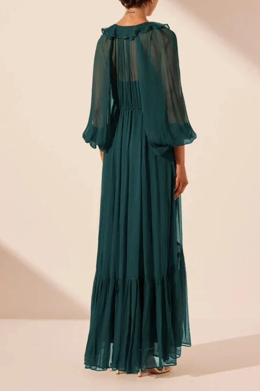 Vestido Weitese con escote en V, mangas largas, largo hasta los tobillos, con volantes, vestido largo color verde azulado oscuro, vestido de fiesta, vestido de noche 