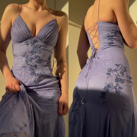 Weitese Dress V Neck Purple Spaghetti Straps Sleeveless Appliques Backless Prom Dresses