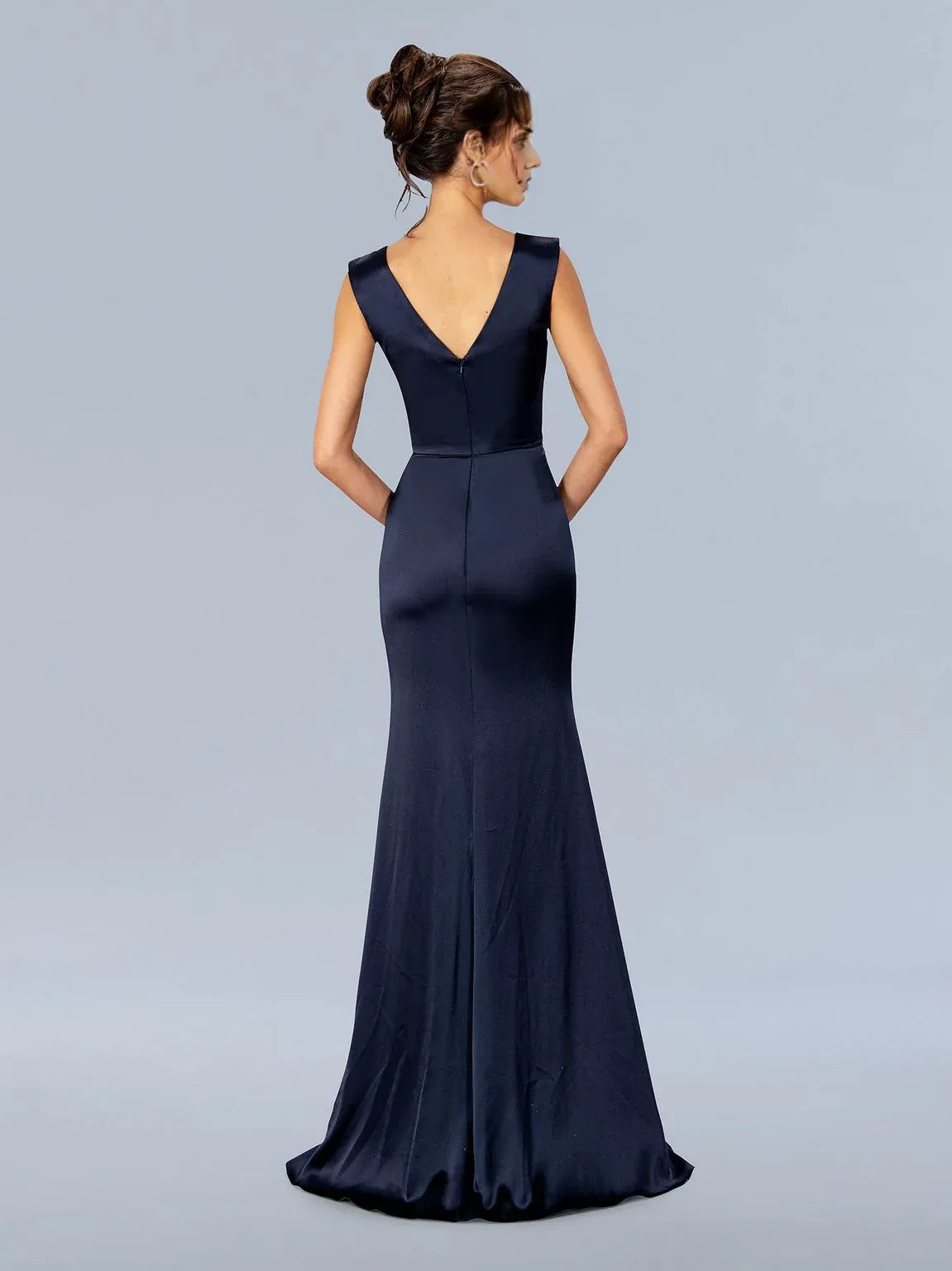 Weitese Dress V Neck V Back Sleeveless Mermaid/Trumpet Mother of the Bride Dress Navy Floor Length Prom Dress