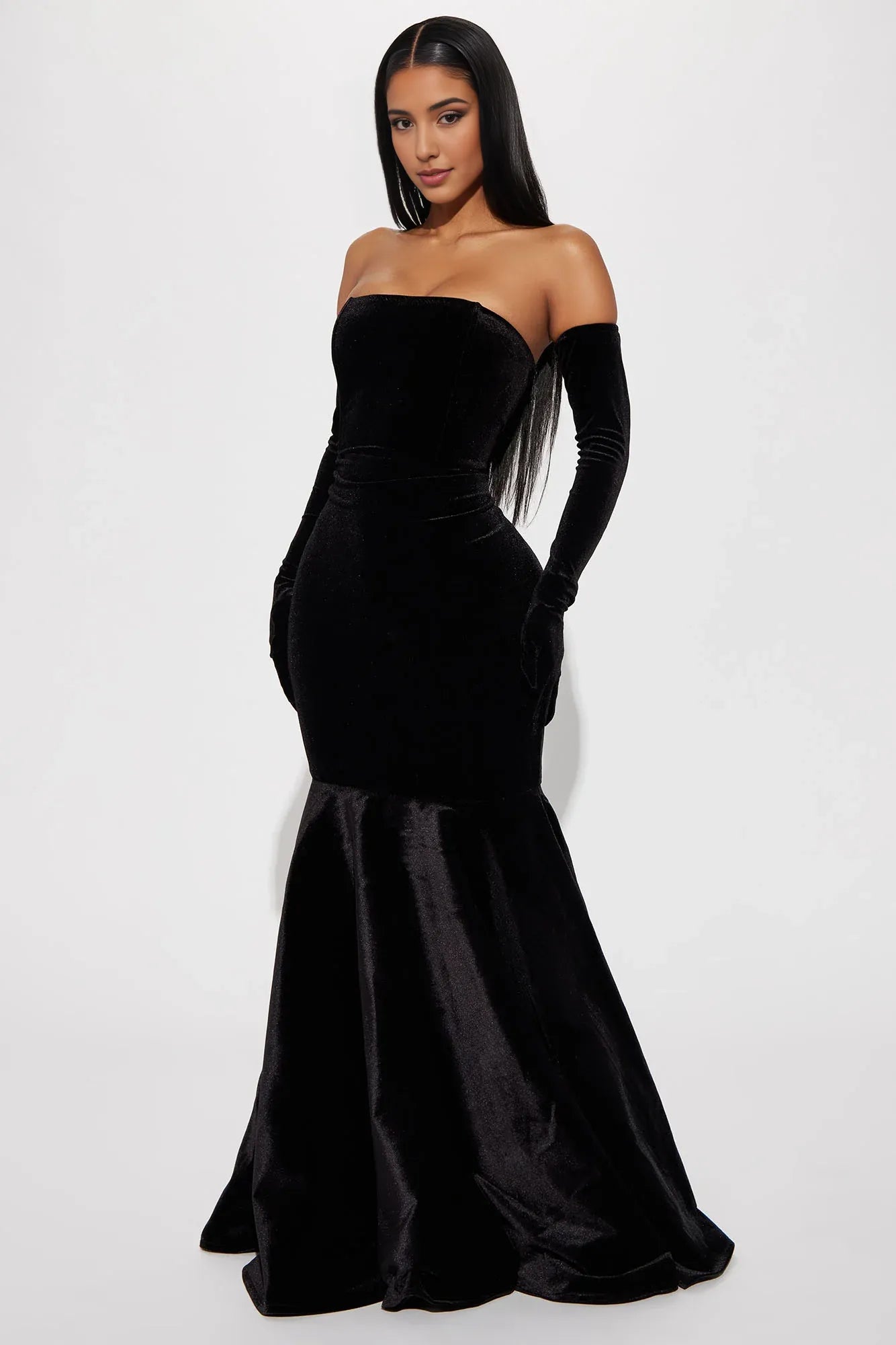 Weitese Dress Velvet Gown Black Off-the-Shoulder Long Strapless Mermaid Floor Length Party Dress
