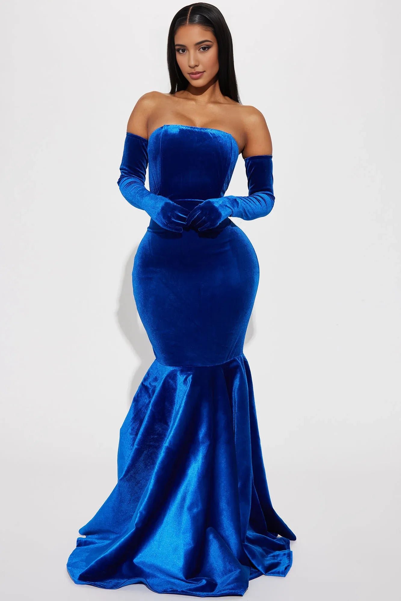 Weitese Dress Velvet Gown Royal Blue Off-the-Shoulder Strapless Mermaid Long Party Dress
