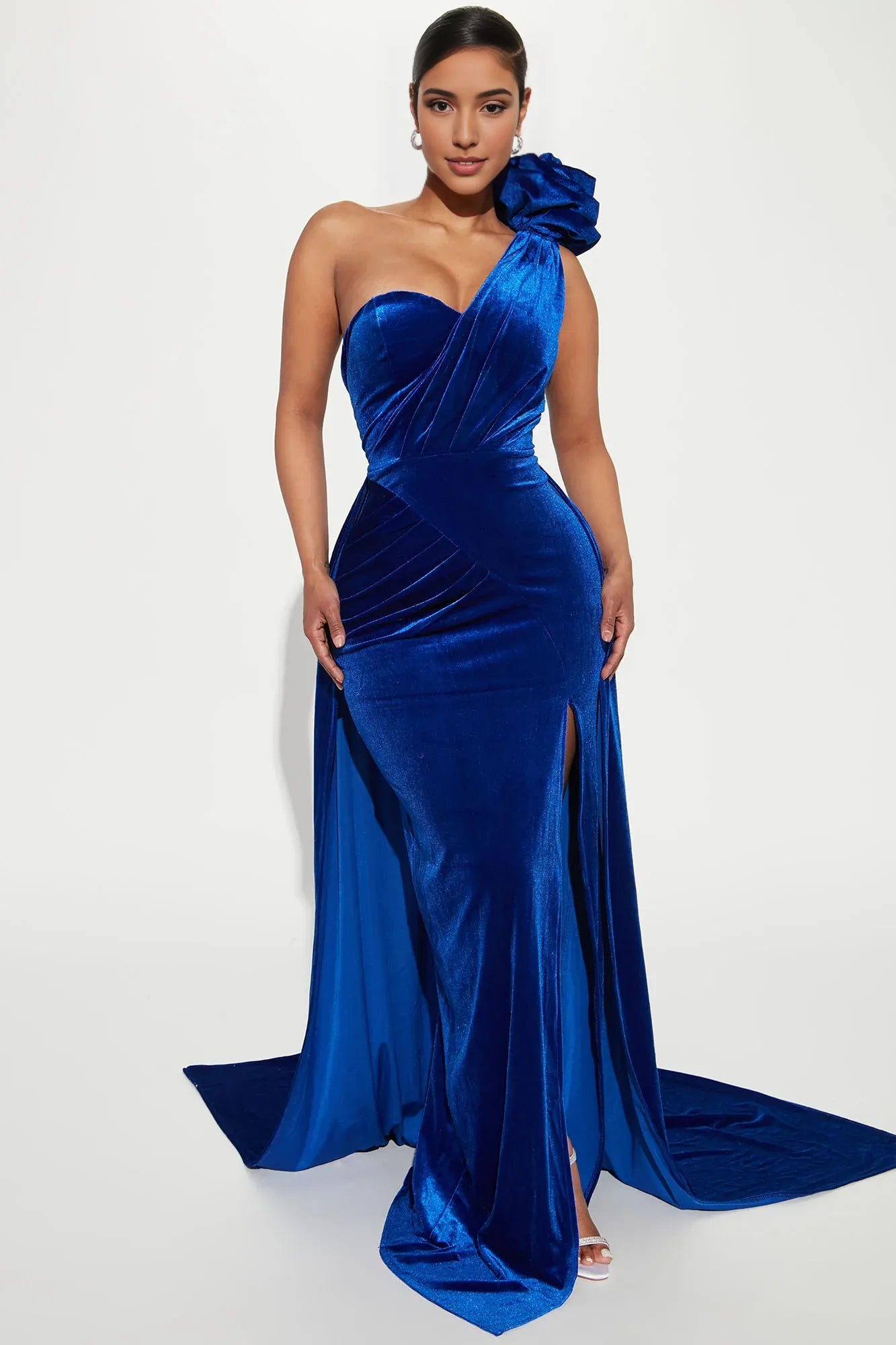 Weitese Dress Velvet Gown Royal Blue One-Shoulder Strapless Mermaid Long Party Dress With Slit