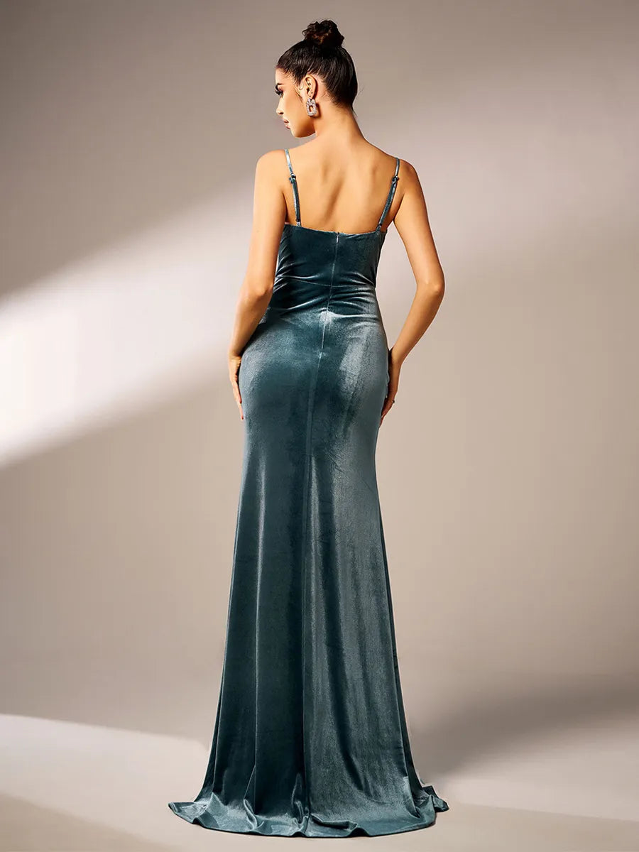 Weitese Dress Velvet Party Gown With High-slit Pleated Long Spaghetti Strap Prom Dress For Women