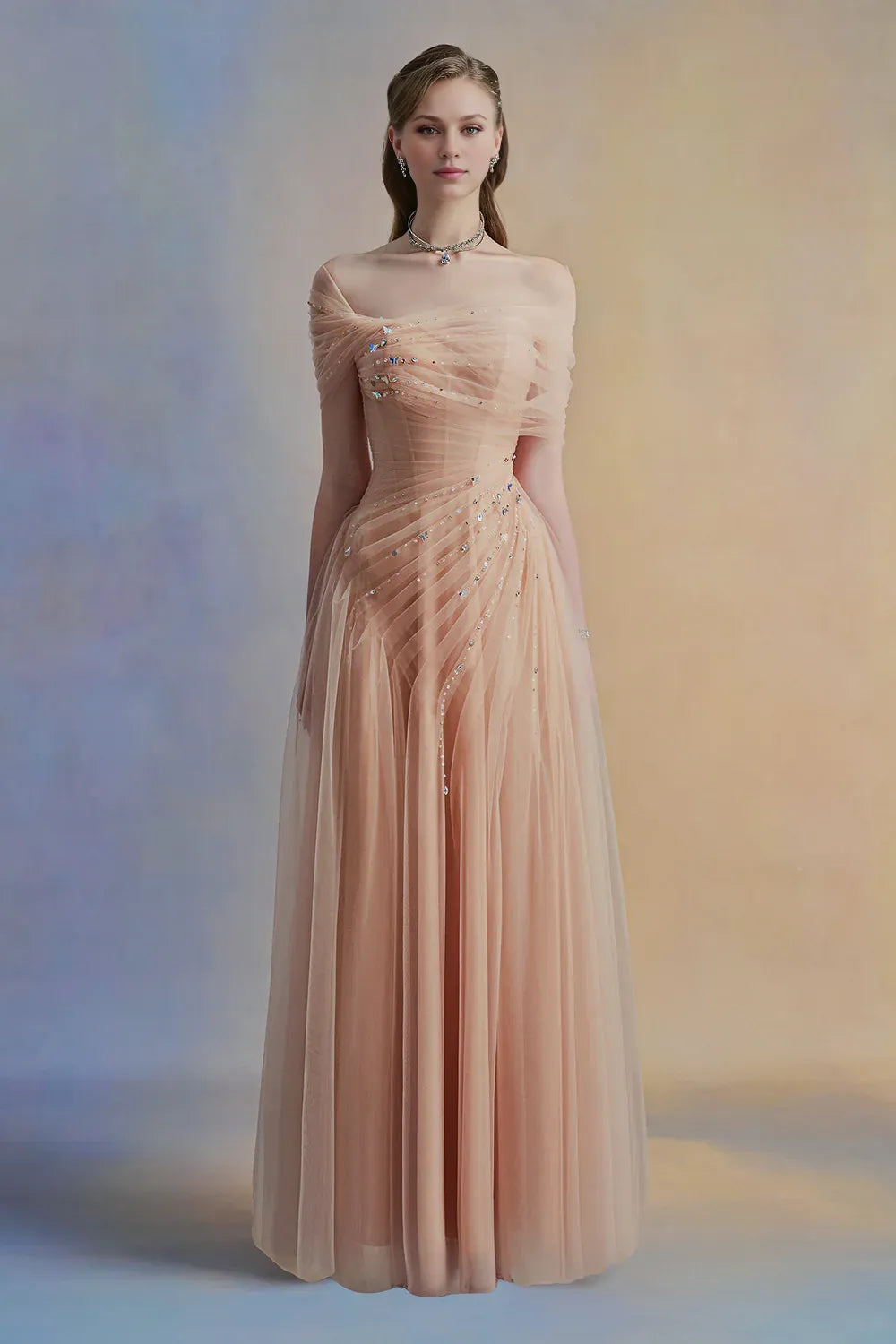 Robe Weitese vintage trapèze asymétrique à manches en tulle, longueur au sol, épaules dénudées, plissée, fermeture éclair, robe de bal 