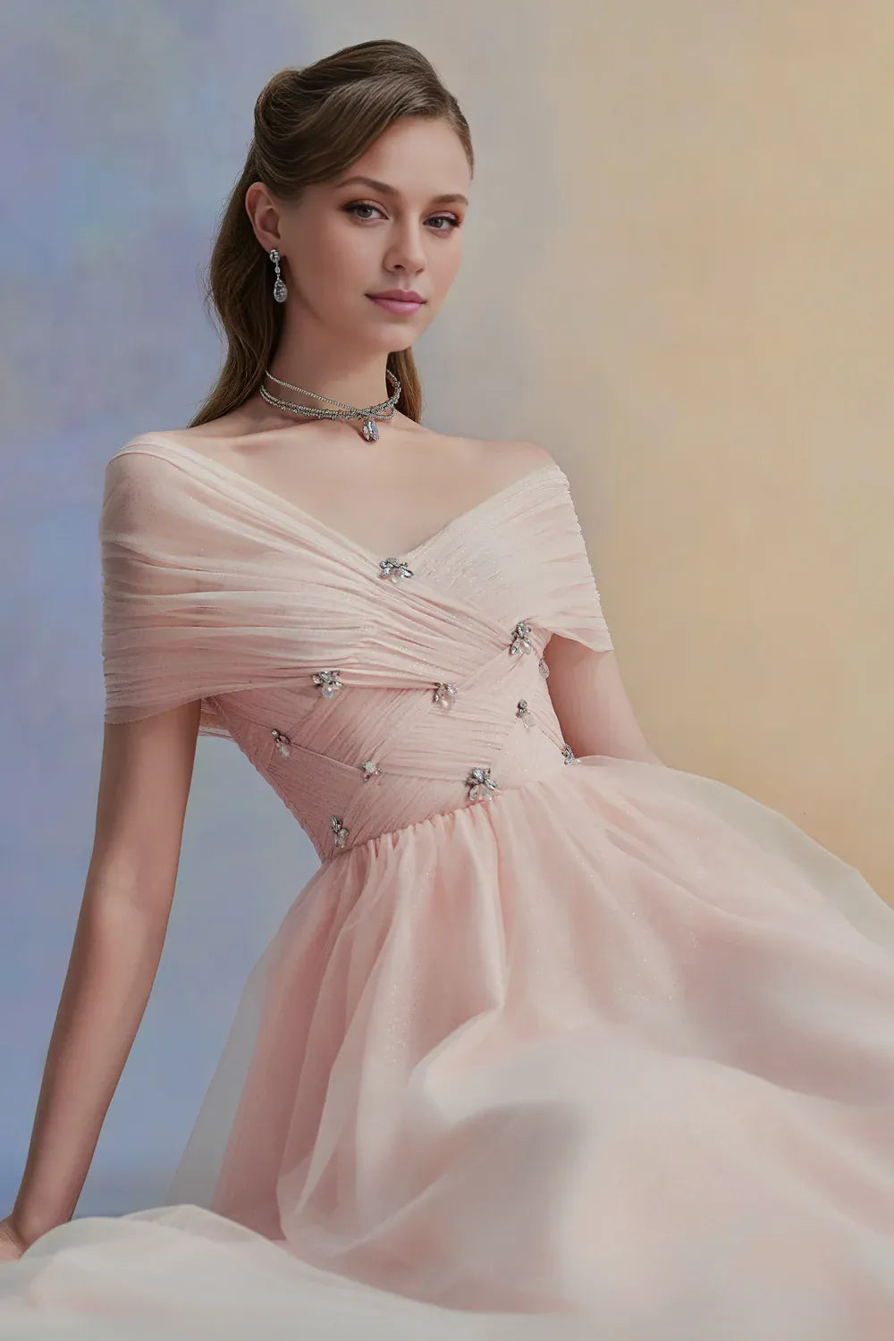Weitese Dress Vintage A-line V-Neck Tulle Midi Dress Off the Shoulder Pleated Zipper Up Cap Sleeve Evening Dress