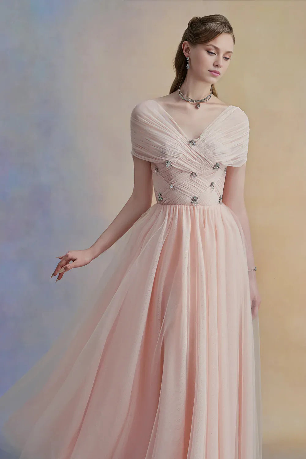 Weitese Dress Vintage A-line V-Neck Tulle Midi Dress Off the Shoulder Pleated Zipper Up Cap Sleeve Evening Dress