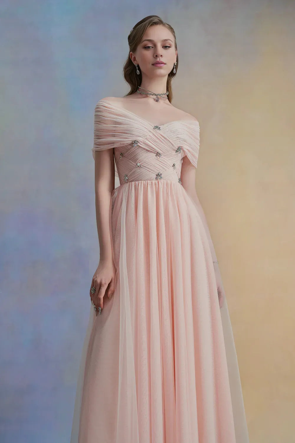 Weitese Dress Vintage A-line V-Neck Tulle Midi Dress Off the Shoulder Pleated Zipper Up Cap Sleeve Evening Dress