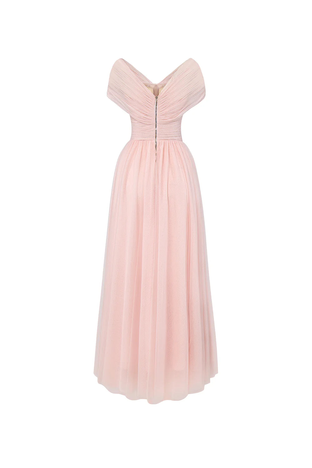Weitese Dress Vintage A-line V-Neck Tulle Midi Dress Off the Shoulder Pleated Zipper Up Cap Sleeve Evening Dress