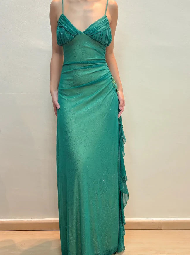 Weitese Dress Vintage A Line Spaghetti Strap Rhinestone Green Chiffon Prom Dress Evening Dress Party Dress