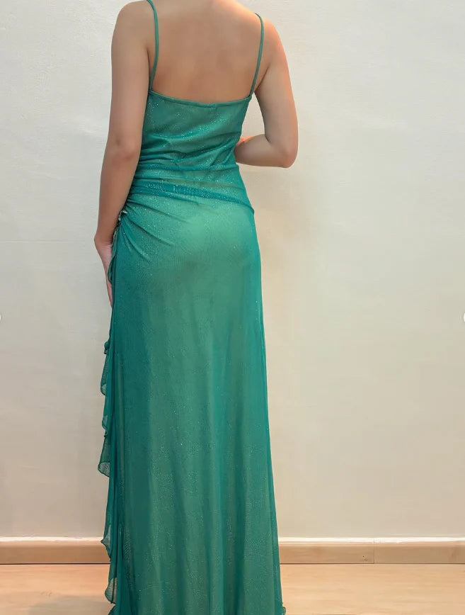Weitese Dress Vintage A Line Spaghetti Strap Rhinestone Green Chiffon Prom Dress Evening Dress Party Dress