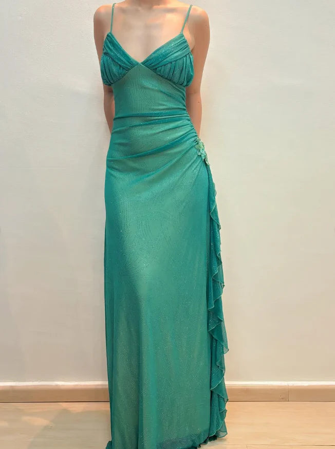 Weitese Dress Vintage A Line Spaghetti Strap Rhinestone Green Chiffon Prom Dress Evening Dress Party Dress