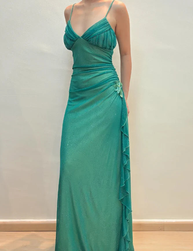Weitese Dress Vintage A Line Spaghetti Strap Rhinestone Green Chiffon Prom Dress Evening Dress Party Dress
