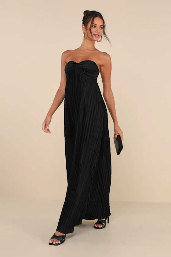 Weitese Dress Vintage Black Satin Sweetheart Strapless Maxi Dress Evening Dress A-Line Sleeveless Prom Dress