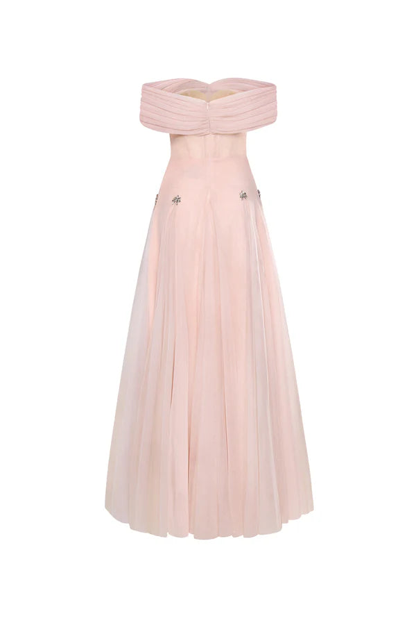 Robe Weitese vintage rose blush, coupe trapèze, corset, tulle, longueur cheville, épaules dénudées, robe de soirée plissée 