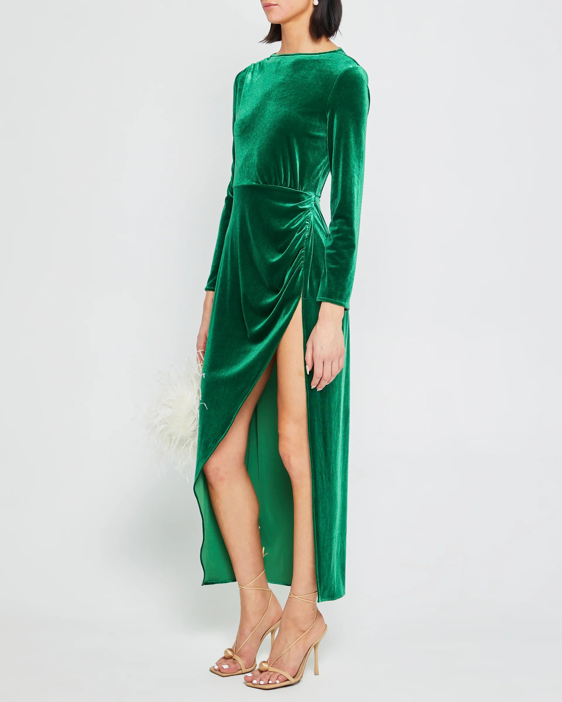 Weitese Dress Vintage Column Ankle-Length Long Sleeve Party Dresses Boat Neck Velvet Pleated Open Back Evening Dress