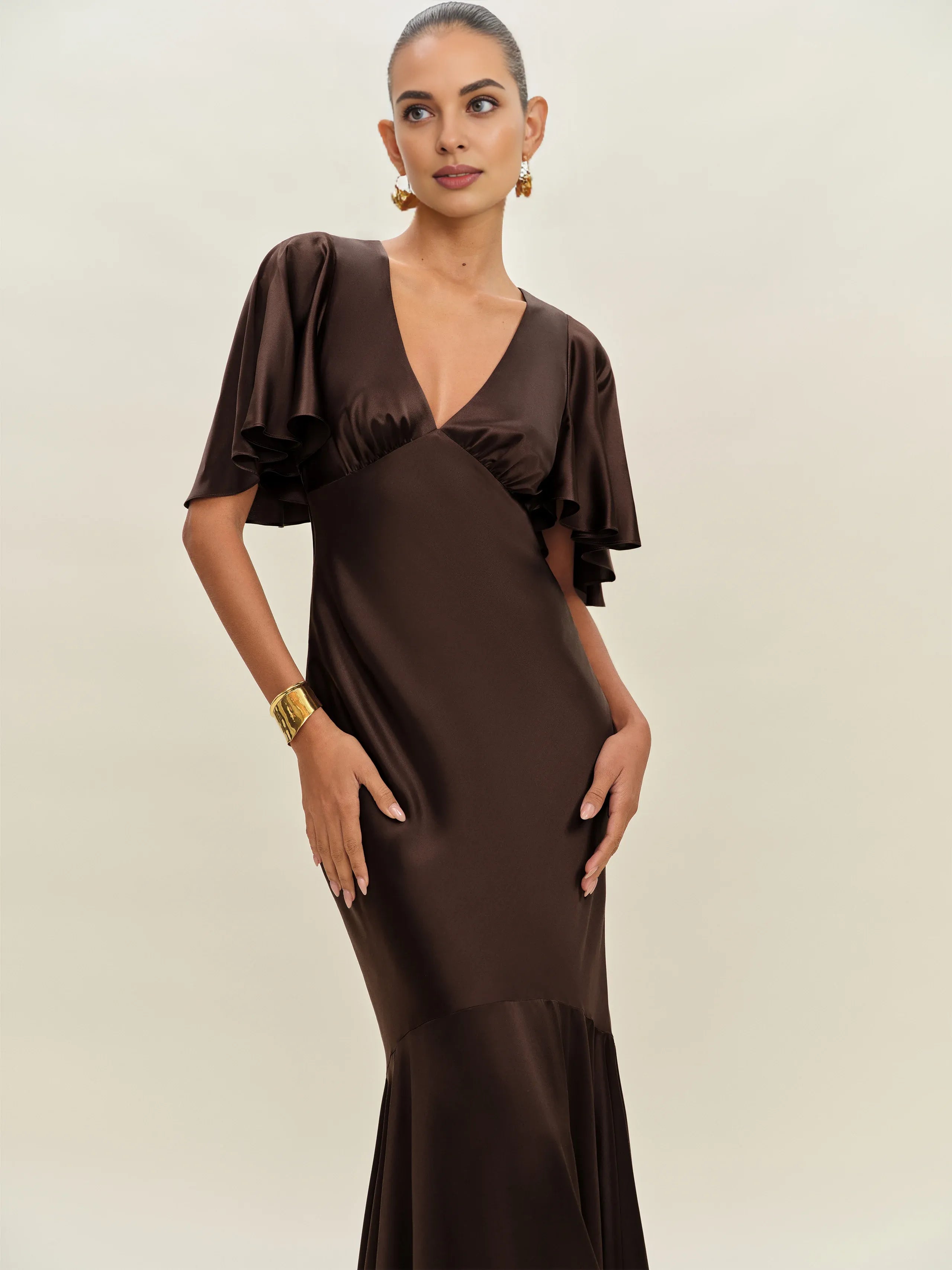 Weitese Dress Vintage Deep V Neck Flutter Sleeve Mermaid Prom Dress Maxi Dress Backless Ruffle Evening Dress