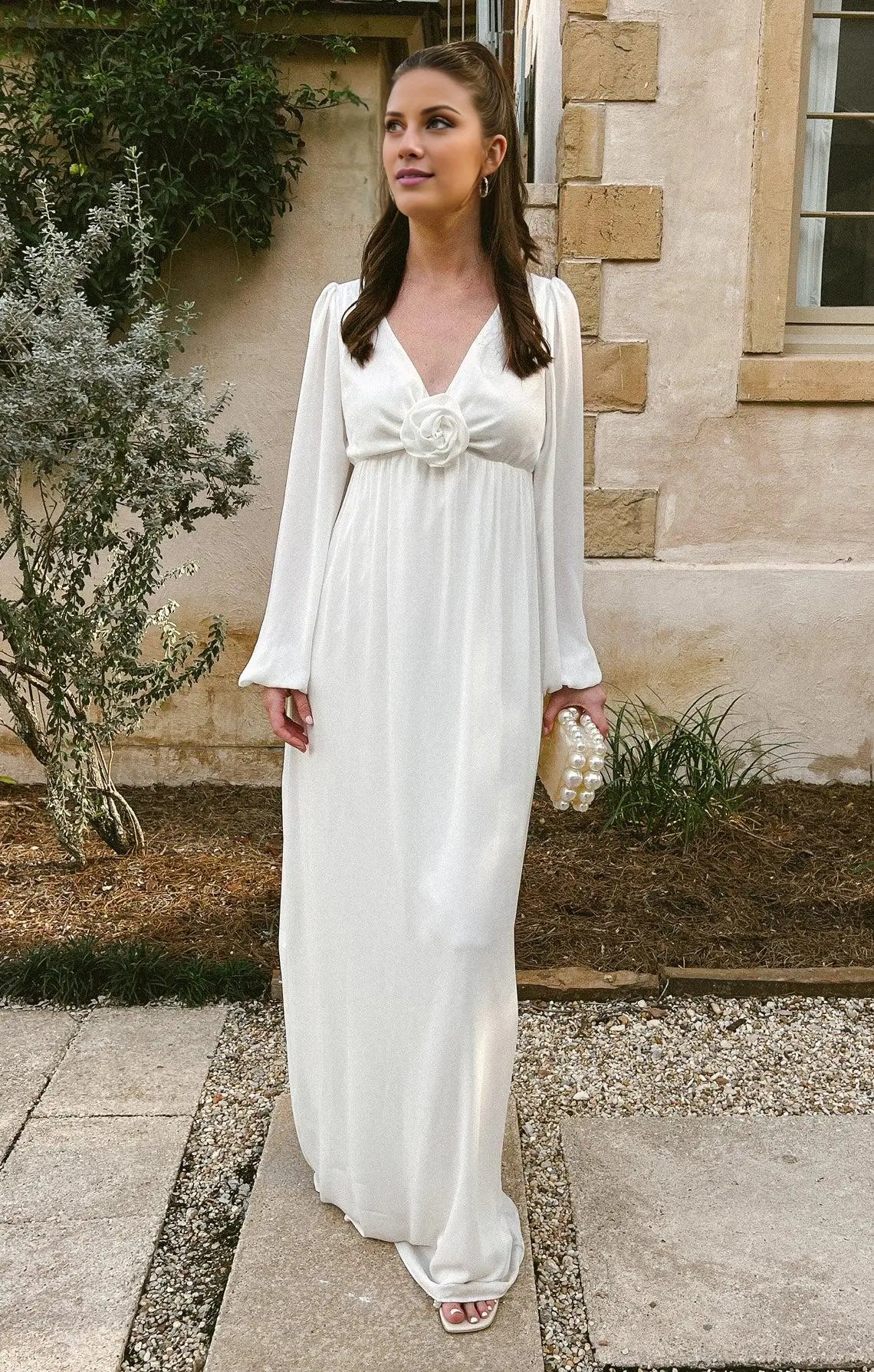 Weitese Dress Vintage Deep V Neck Long Sleeve Maxi Dress Column Solid Color Full Coverage Prom Dress With 3D Flower