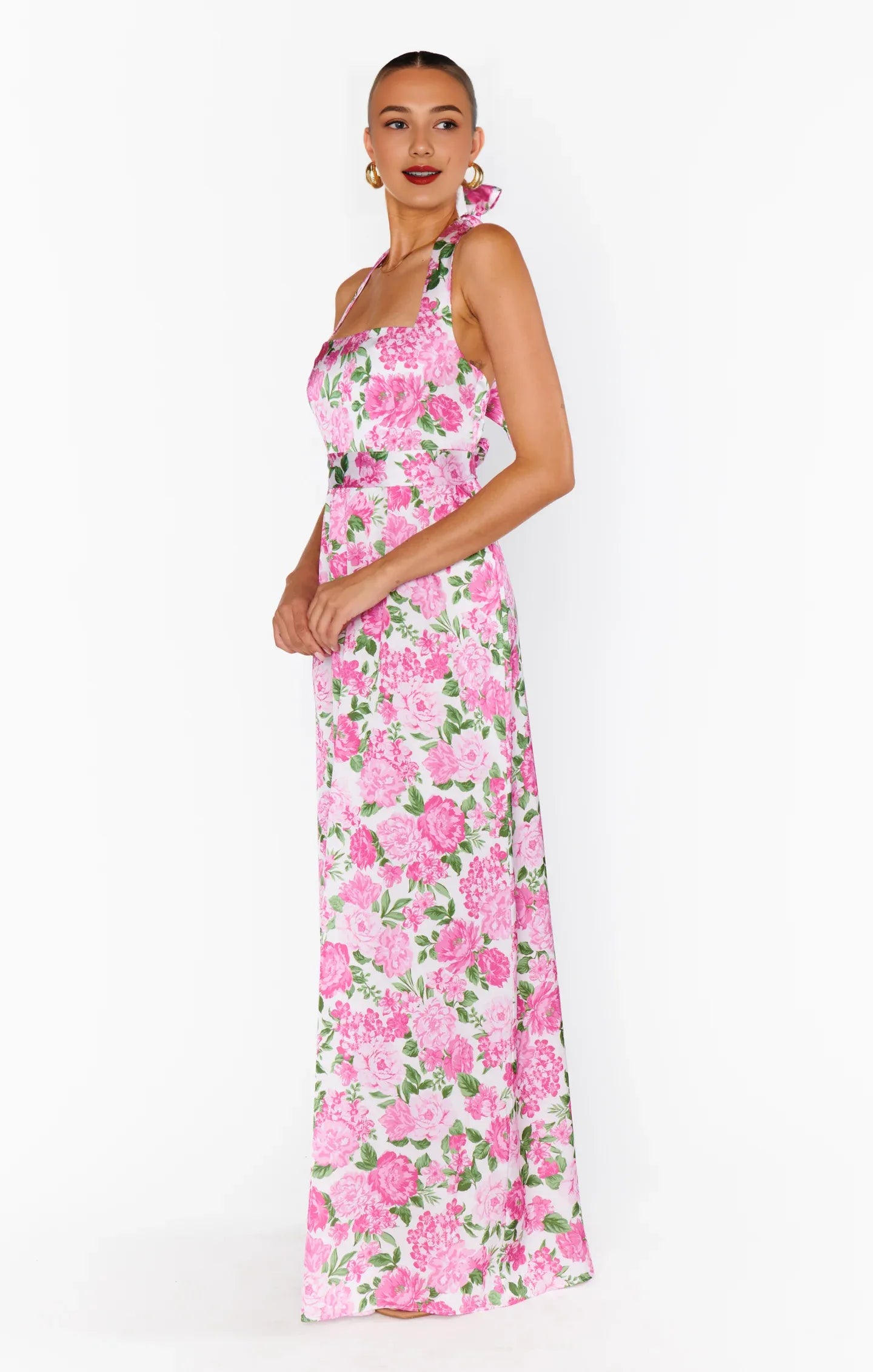 Weitese Dress Vintage Flower Printed Halter Neck Sleeveless Maxi Dress A-Line Backless Prom Dress