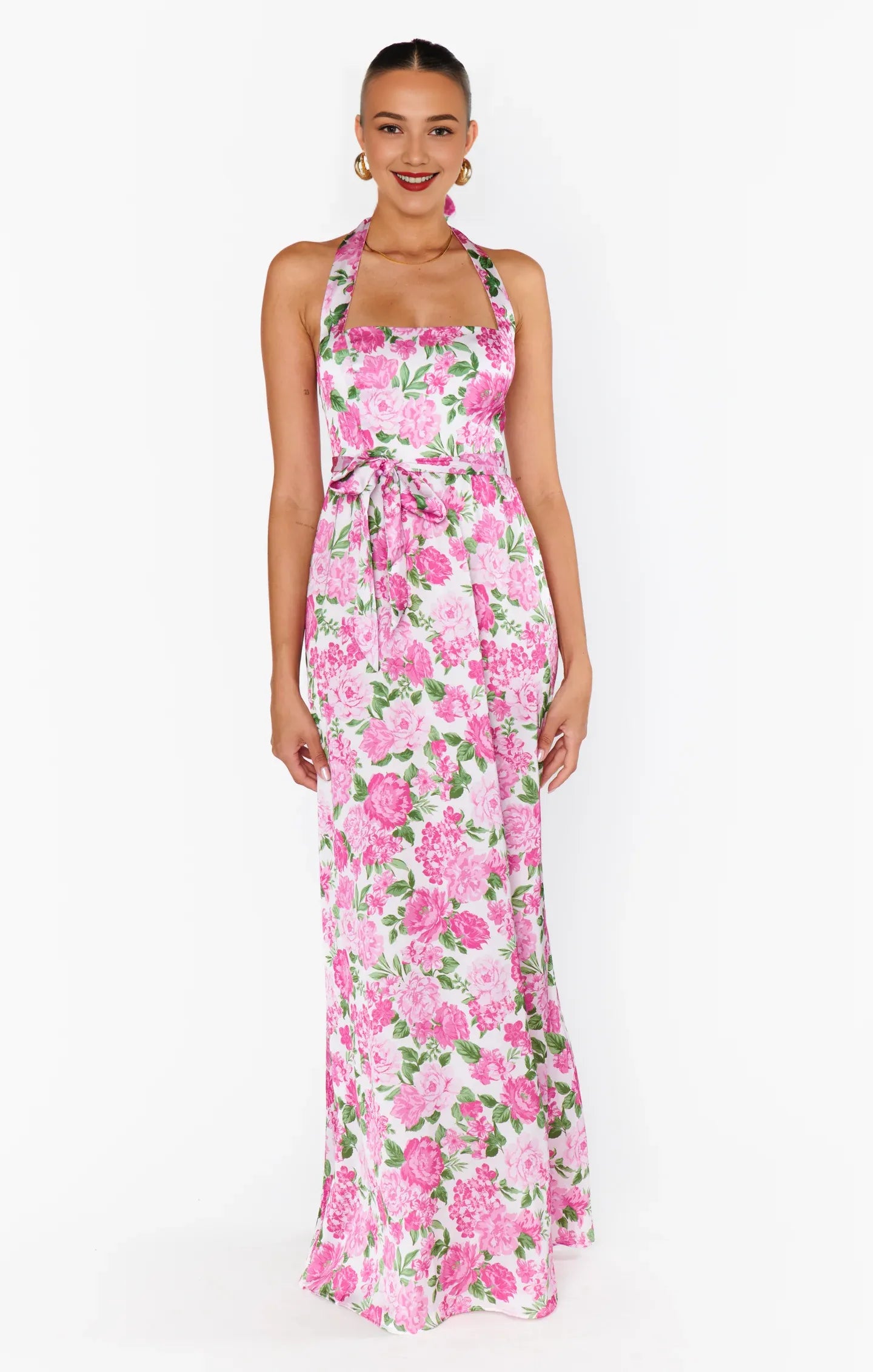 Weitese Dress Vintage Flower Printed Halter Neck Sleeveless Maxi Dress A-Line Backless Prom Dress