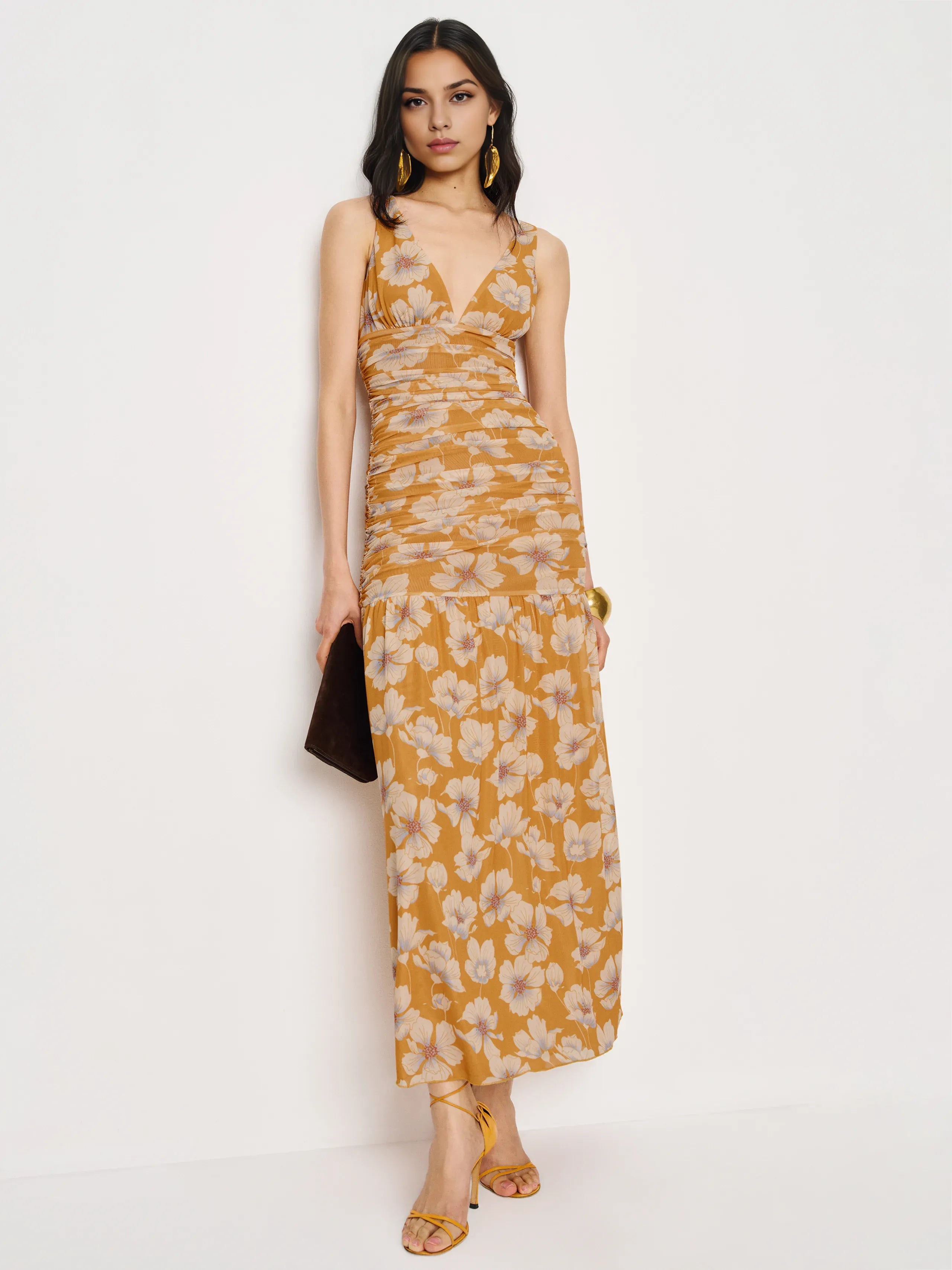 Weitese Dress Vintage Flower Printed V Neck Sleeveless Mermaid Prom Dress Maxi Dress Backless Evening Dress