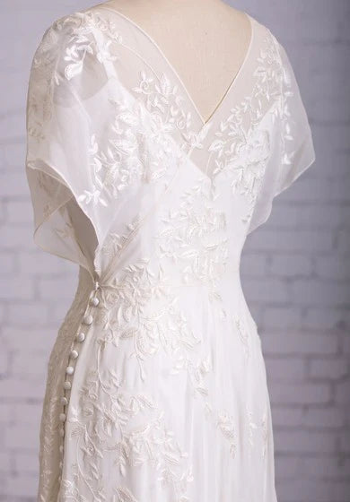 Weitese Dress Vintage Inspire Lace 1920s Retro Casual V-Neck Sheath Flutter Butterfly Sleeves Wedding Dress