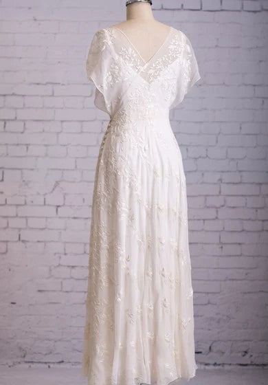 Weitese Dress Vintage Inspire Lace 1920s Retro Casual V-Neck Sheath Flutter Butterfly Sleeves Wedding Dress