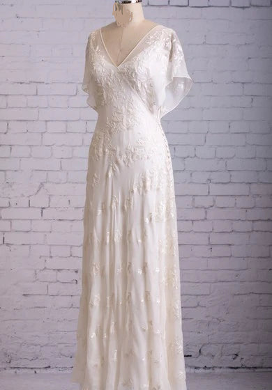 Weitese Dress Vintage Inspire Lace 1920s Retro Casual V-Neck Sheath Flutter Butterfly Sleeves Wedding Dress
