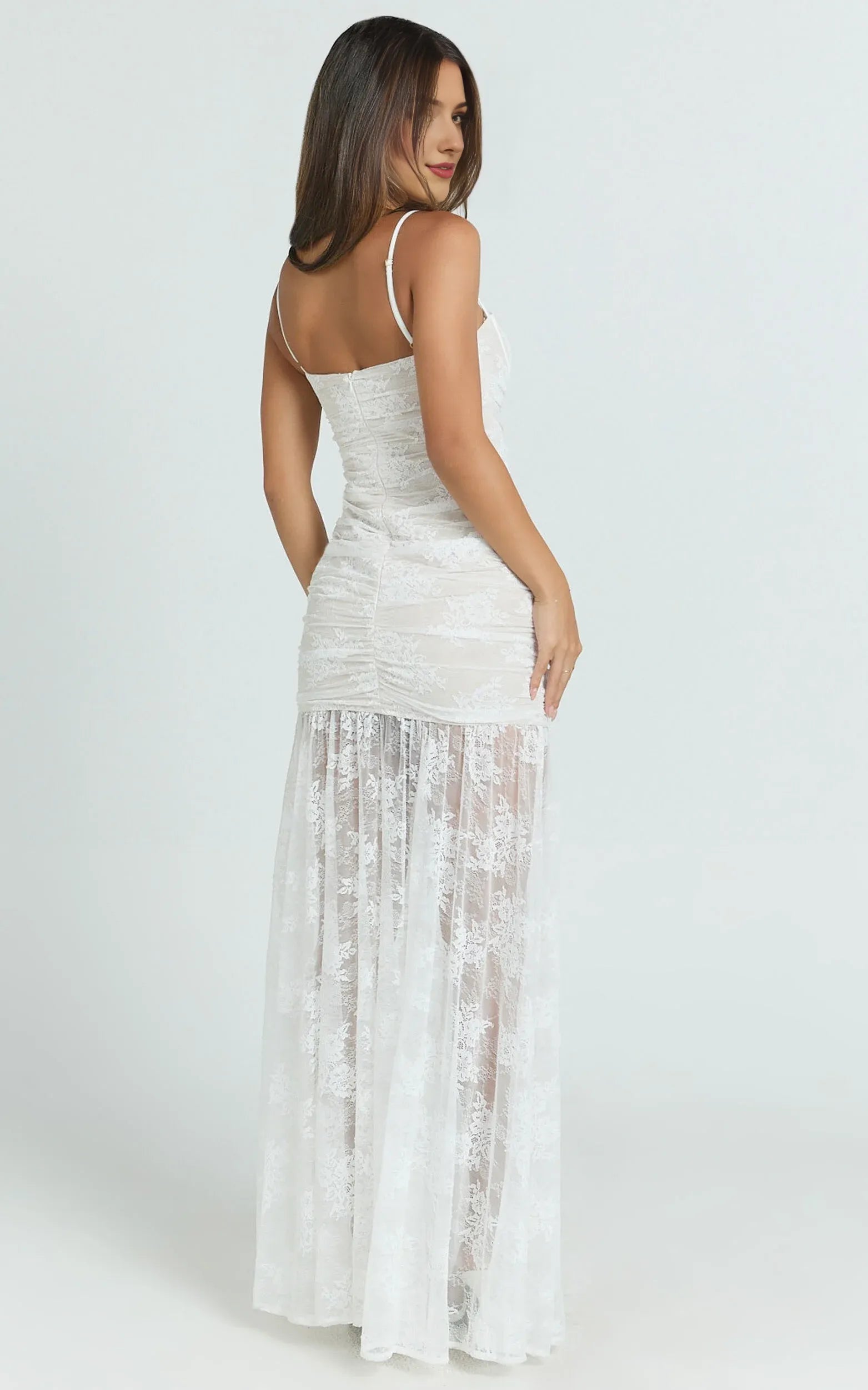 Weitese Dress Vintage Lace Fit And Flare Maxi Dress White Sheath Sleeveless Backless Spaghetti Straps Evening Dress