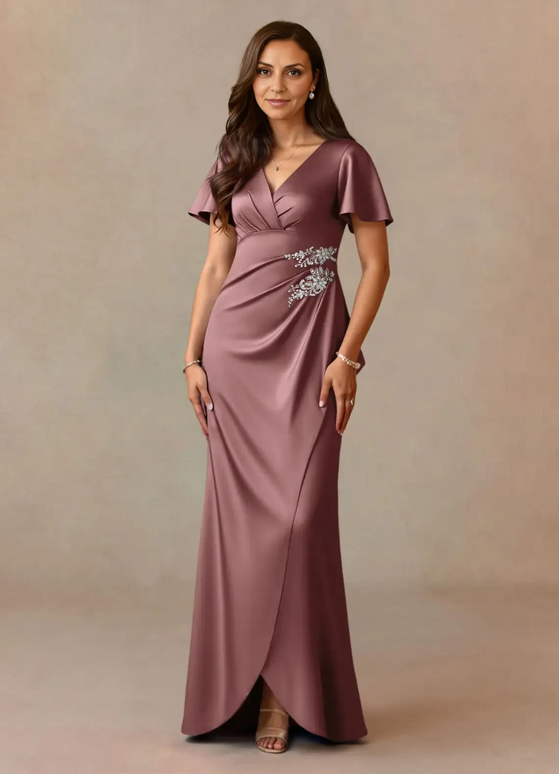 Weitese Dress Dusty Rose A-Line Pleated Satin Dress V-Neck Flutter Sleeve Beaded Floor-Length Mother of the Bride Dress
