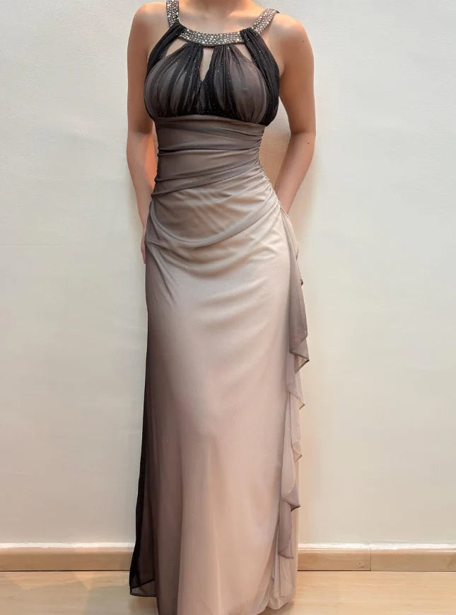 Weitese Dress Vintage Mermaid Halter Rhinestone Grey Ombre Chiffon Prom Dress Evening Dress Party Dress