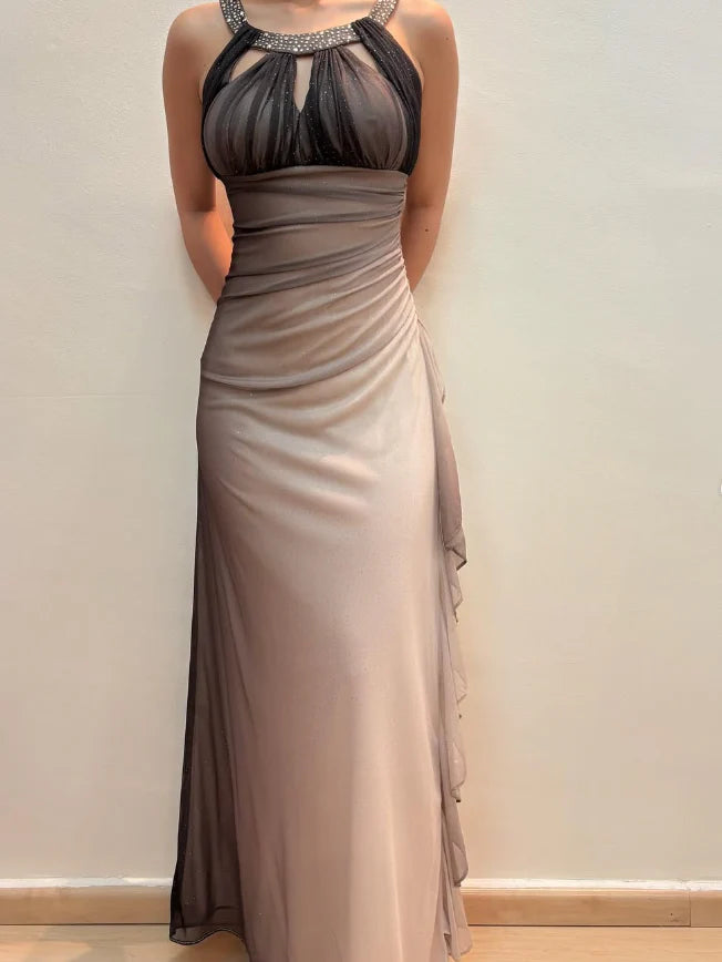 Weitese Dress Vintage Mermaid Halter Rhinestone Grey Ombre Chiffon Prom Dress Evening Dress Party Dress