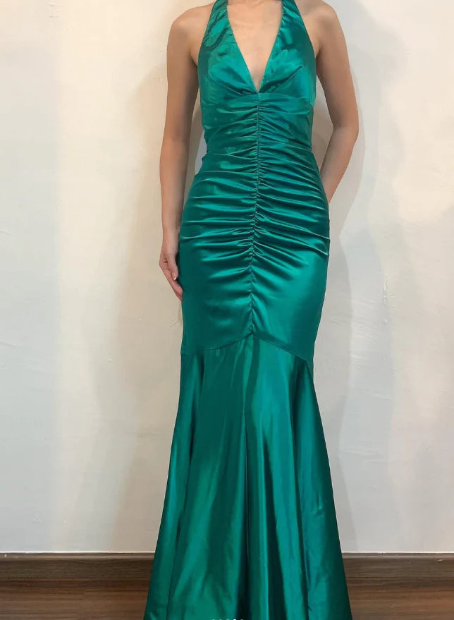 Weitese Dress Vintage Mermaid Halter V Neck Green Satin Open Back Long Prom Dress Evening Dress Party Dress