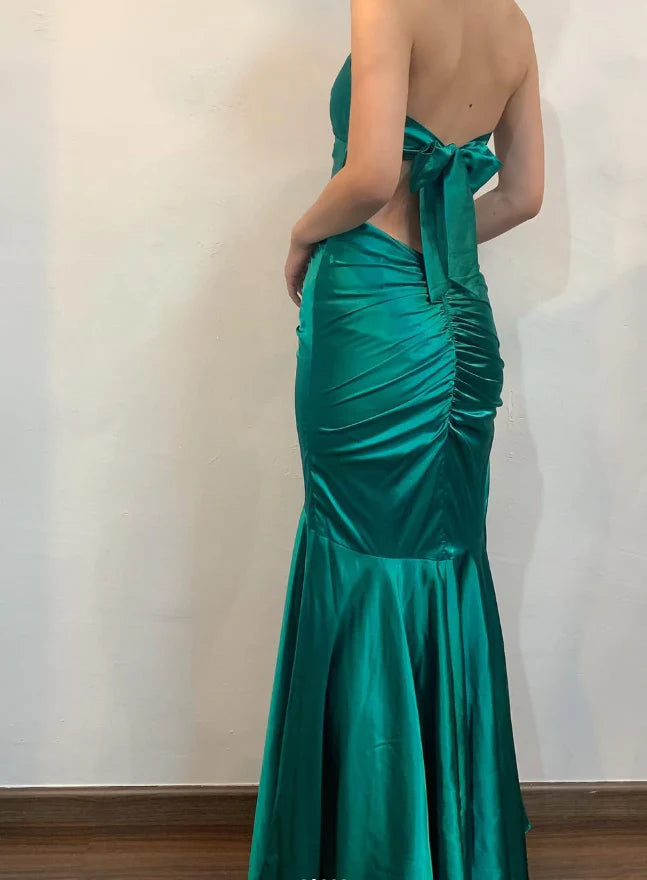 Weitese Dress Vintage Mermaid Halter V Neck Green Satin Open Back Long Prom Dress Evening Dress Party Dress
