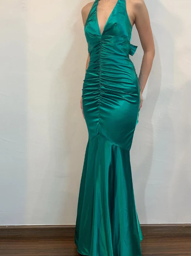 Weitese Dress Vintage Mermaid Halter V Neck Green Satin Open Back Long Prom Dress Evening Dress Party Dress
