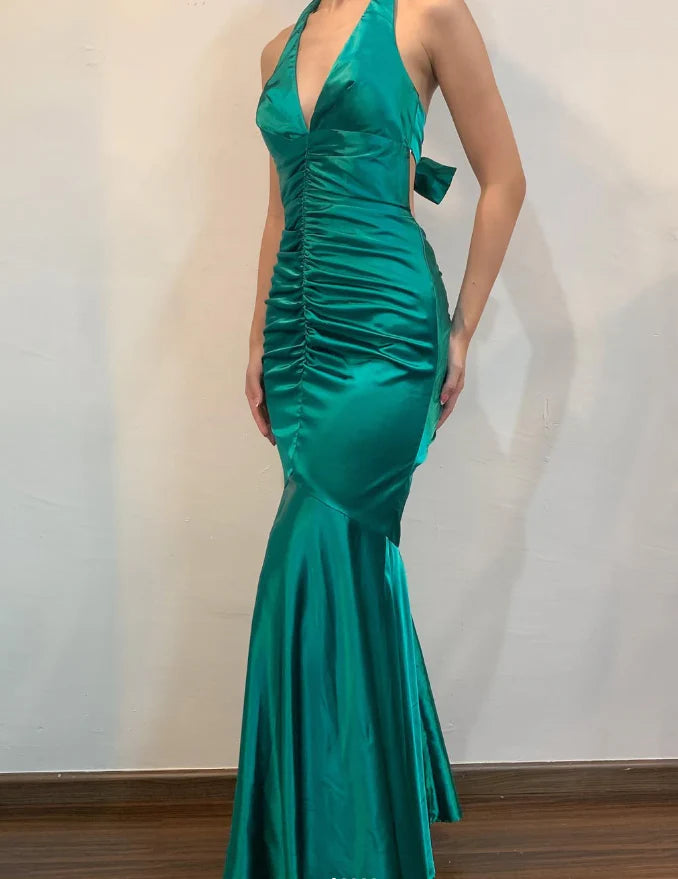 Weitese Dress Vintage Mermaid Halter V Neck Green Satin Open Back Long Prom Dress Evening Dress Party Dress
