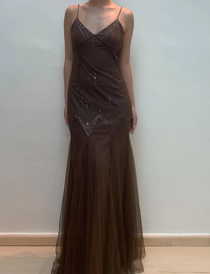 Weitese Dress Vintage Mermaid Spaghetti Strap Sequins Brown Chiffon Prom Dress Evening Dress Party Dress