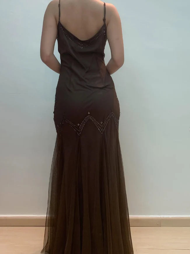 Weitese Dress Vintage Mermaid Spaghetti Strap Sequins Brown Chiffon Prom Dress Evening Dress Party Dress