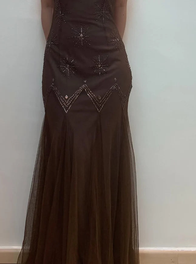 Weitese Dress Vintage Mermaid Spaghetti Strap Sequins Brown Chiffon Prom Dress Evening Dress Party Dress