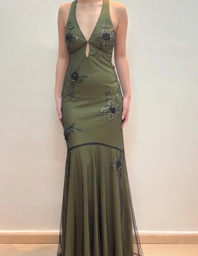 Weitese Dress Vintage Mermaid V Neck Beaded Green Chiffon Satin Prom Dress Evening Dress Party Dress