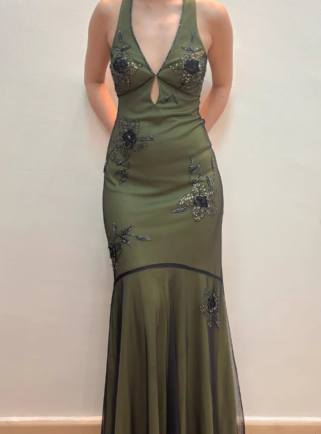 Weitese Dress Vintage Mermaid V Neck Beaded Green Chiffon Satin Prom Dress Evening Dress Party Dress